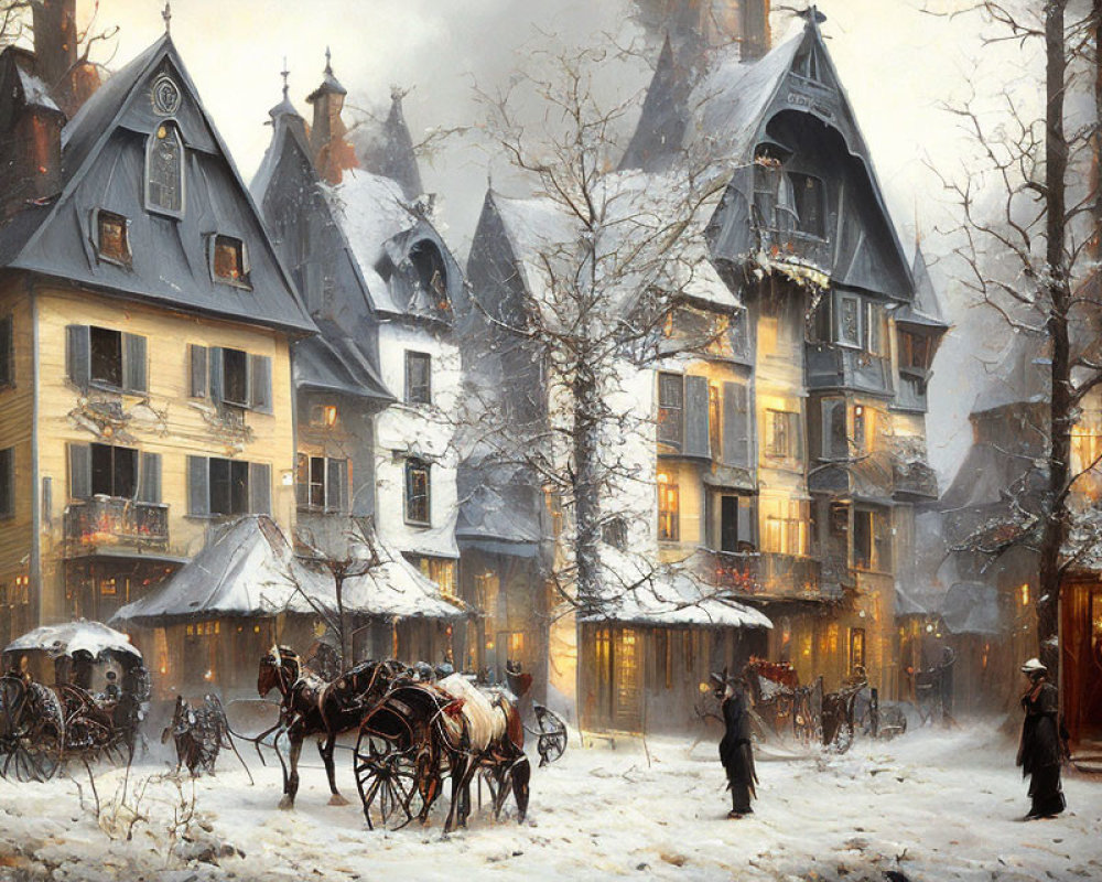 Snow-covered Victorian buildings with people and horse-drawn carriage.