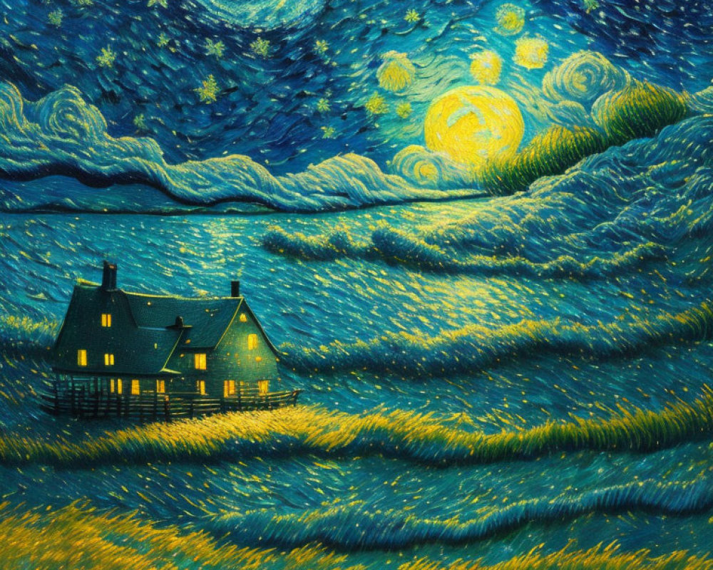 Vibrant painting of starry night sky with crescent moon and illuminated house