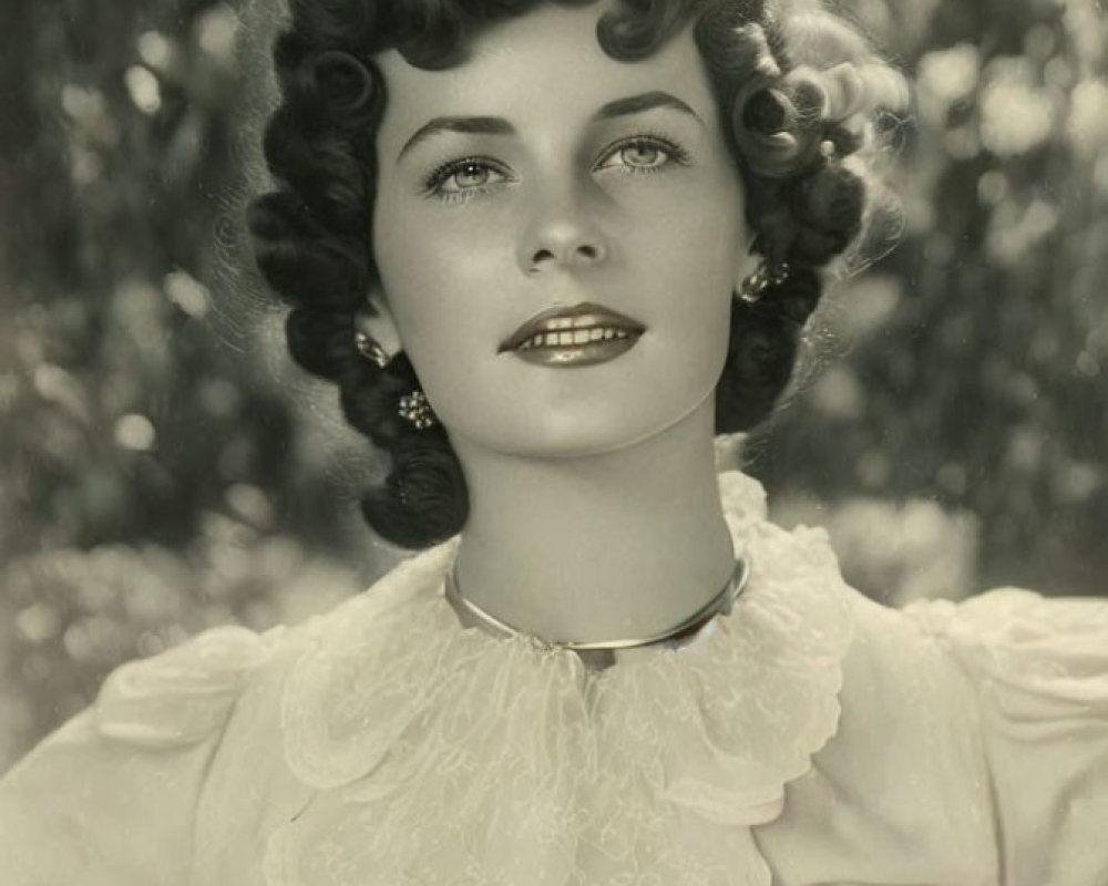 Smiling woman with curly hair in vintage black and white photo