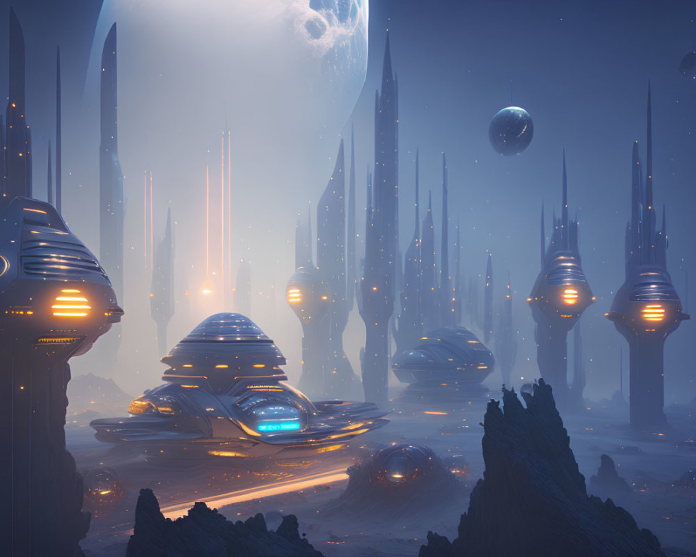 Futuristic alien landscape with towering spires and glowing structures