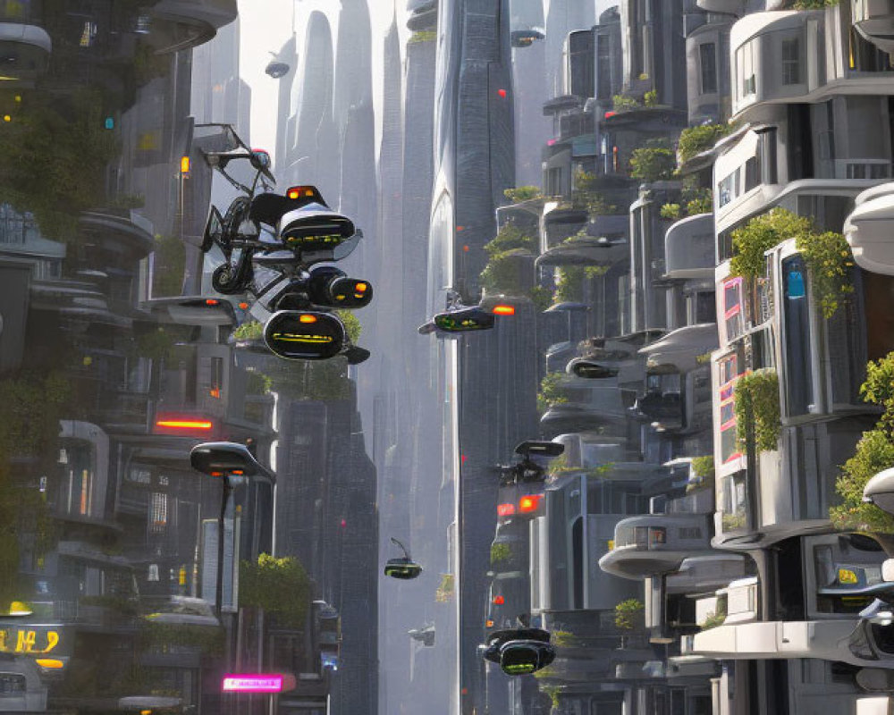 Futuristic cityscape with flying cars and high-rise buildings in sunlight.