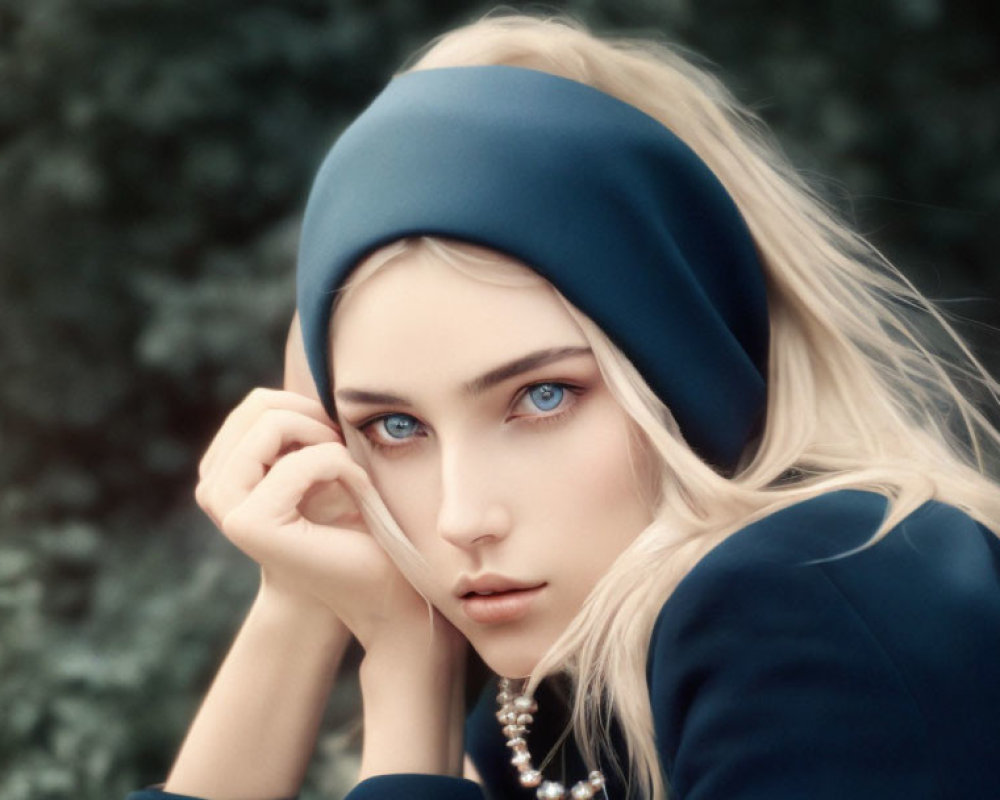 Woman with Blue Headscarf and Pearls Staring at Viewer on Green Background