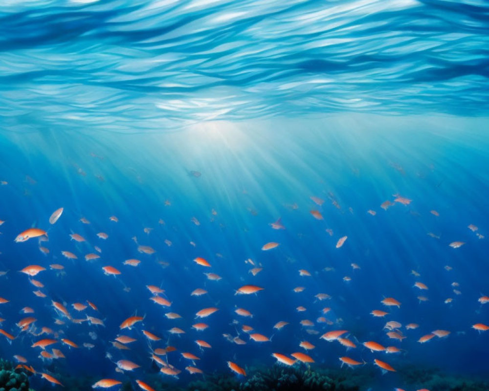 School of Orange Fish Swimming Above Coral Reef in Clear Blue Ocean