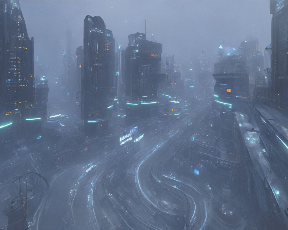 Futuristic cityscape with neon-lit buildings and misty haze