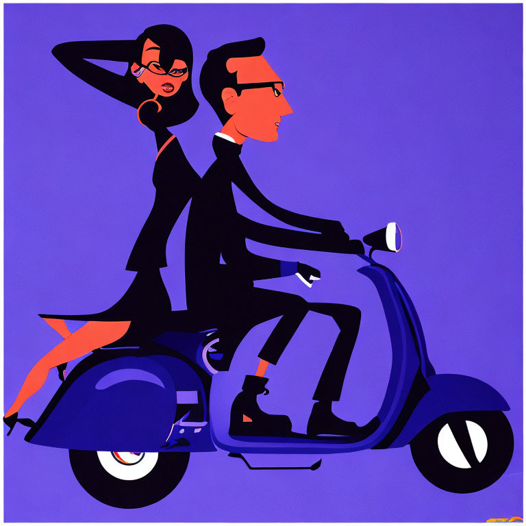 Stylized illustration of man and woman on blue scooter in vibrant purple setting