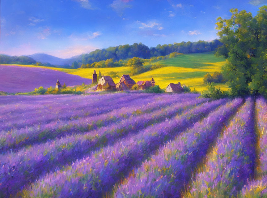 Scenic countryside painting with lavender fields and green hills