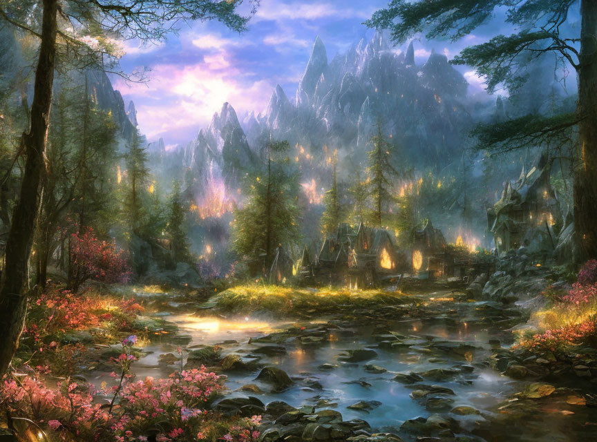 Fantasy landscape with river, flowers, structures & mountains at twilight