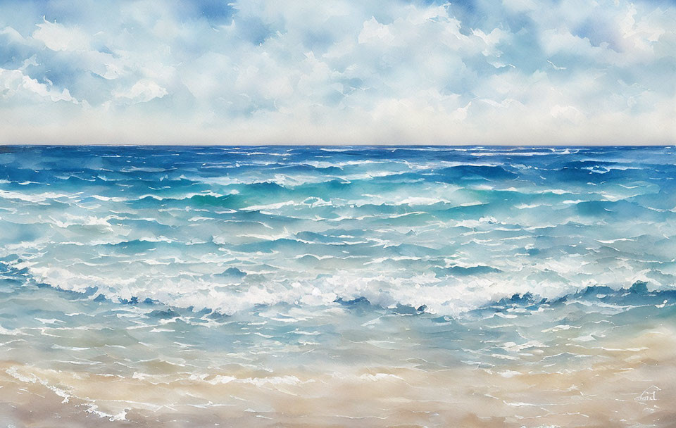 Serene beach watercolor painting with realistic blue waves and cloudy sky