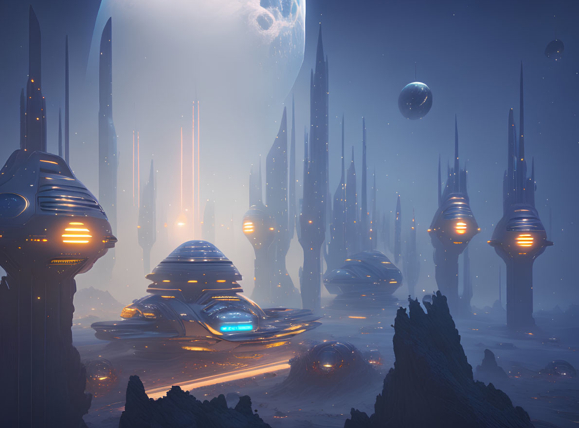 Futuristic alien landscape with towering spires and glowing structures