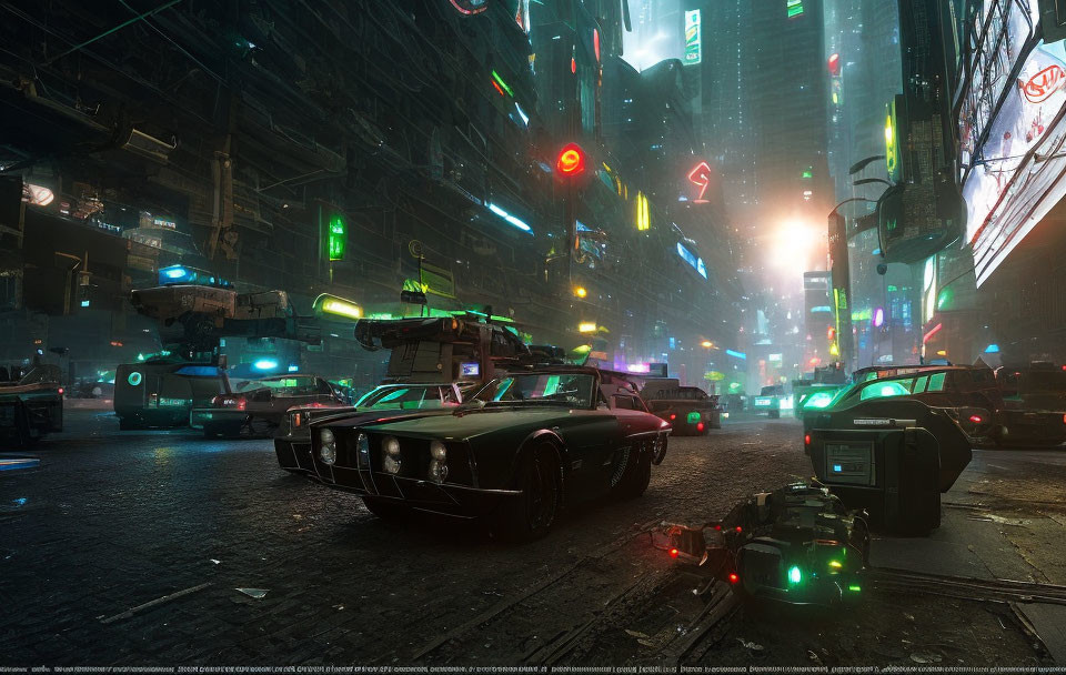 Futuristic city street at night with neon signs and advanced vehicles in rain-soaked ambiance