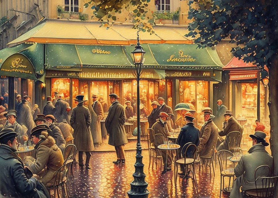 Vintage-style illustration of a bustling outdoor café scene with elegant street lamps and patrons seated at tables in warm