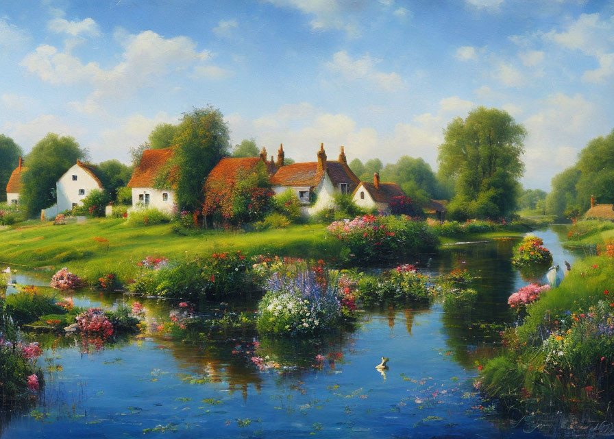 Tranquil rural scene: Thatched cottages, river, lush greenery, vibrant flowers,