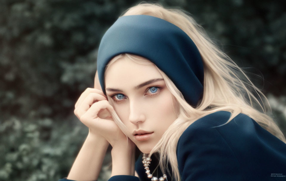 Woman with Blue Headscarf and Pearls Staring at Viewer on Green Background