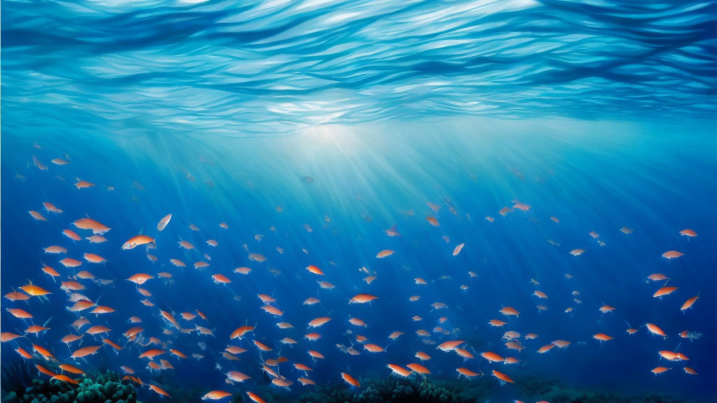 School of Orange Fish Swimming Above Coral Reef in Clear Blue Ocean