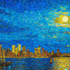 City skyline painting at night with illuminated tower, moon, and starry sky