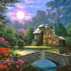 Fantasy landscape with river, flowers, structures & mountains at twilight