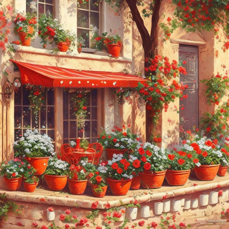 Cozy corner with red and white flowers, awning, wrought iron chairs, stone wall