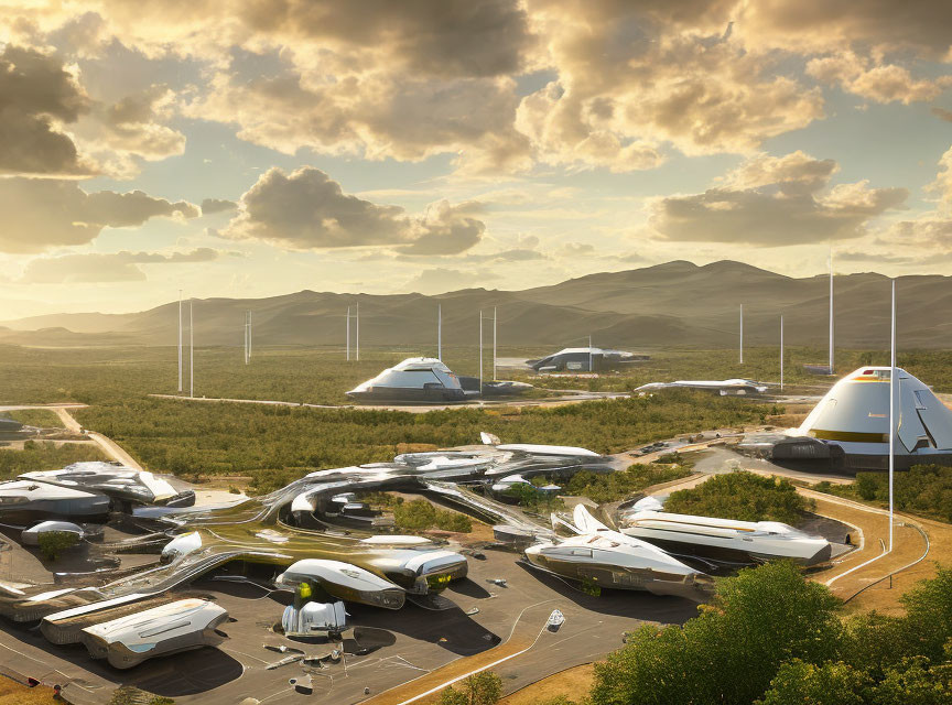 Modern transport hub with sleek vehicles and futuristic structures under golden sky and wind turbines.