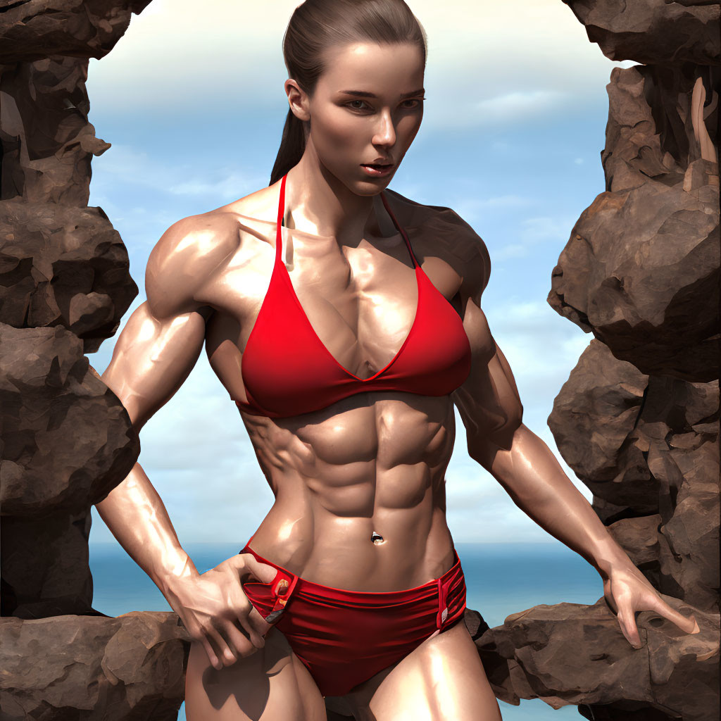 Muscular Woman in Red Bikini Among Rocks Under Blue Sky