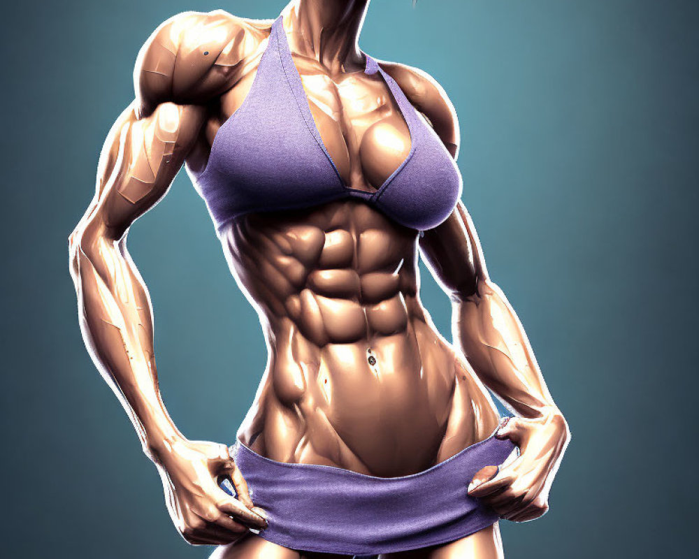 Muscular female figure in athletic attire 3D render showcasing defined physique