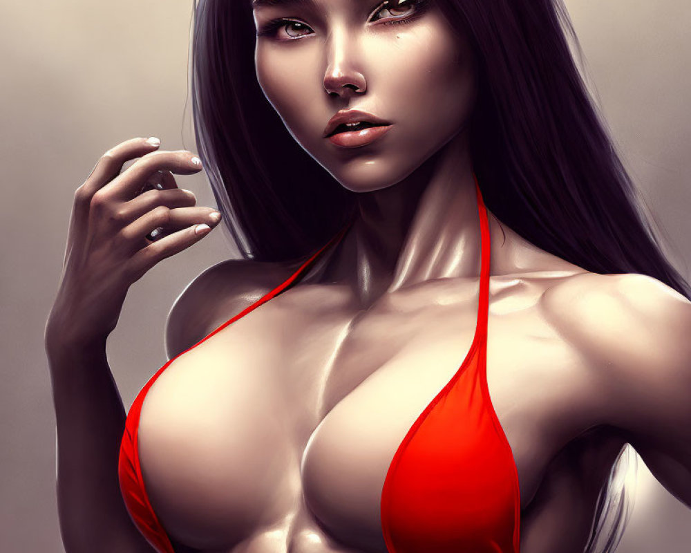 Digital artwork of woman with long dark hair and red halterneck top