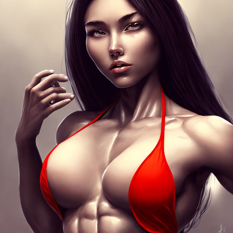 Digital artwork of woman with long dark hair and red halterneck top