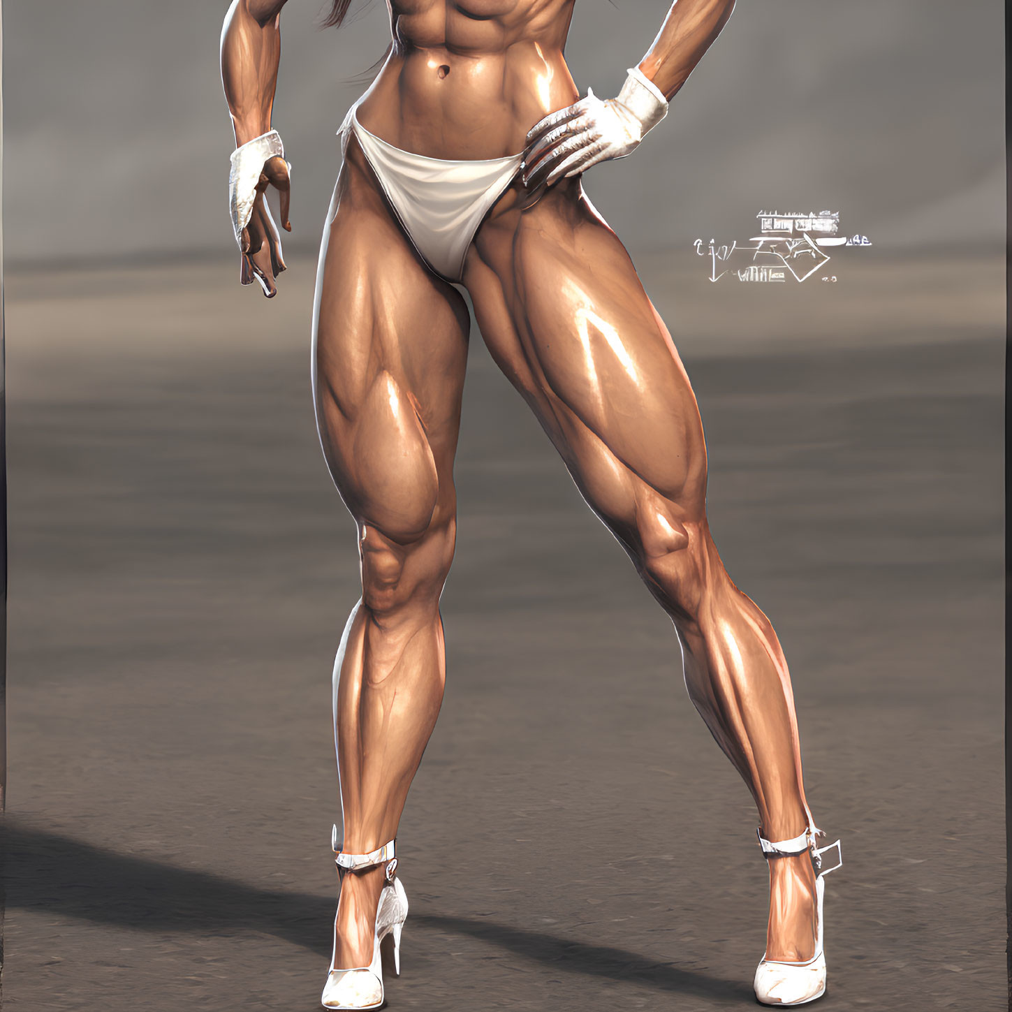 Muscular person in white bikini bottoms and high heels posing in desert landscape