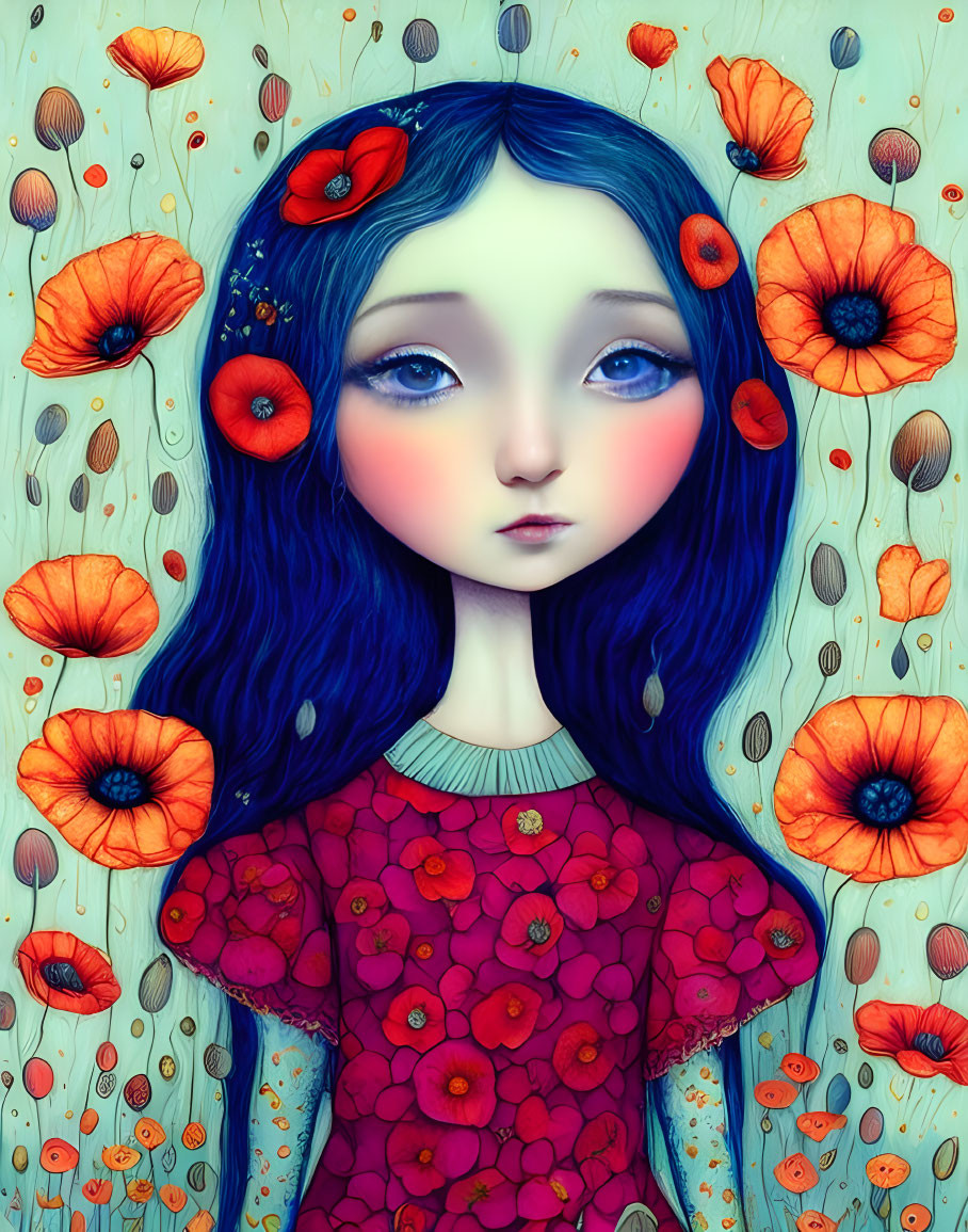 Girl with Large Eyes Surrounded by Red Poppies in Blue Setting