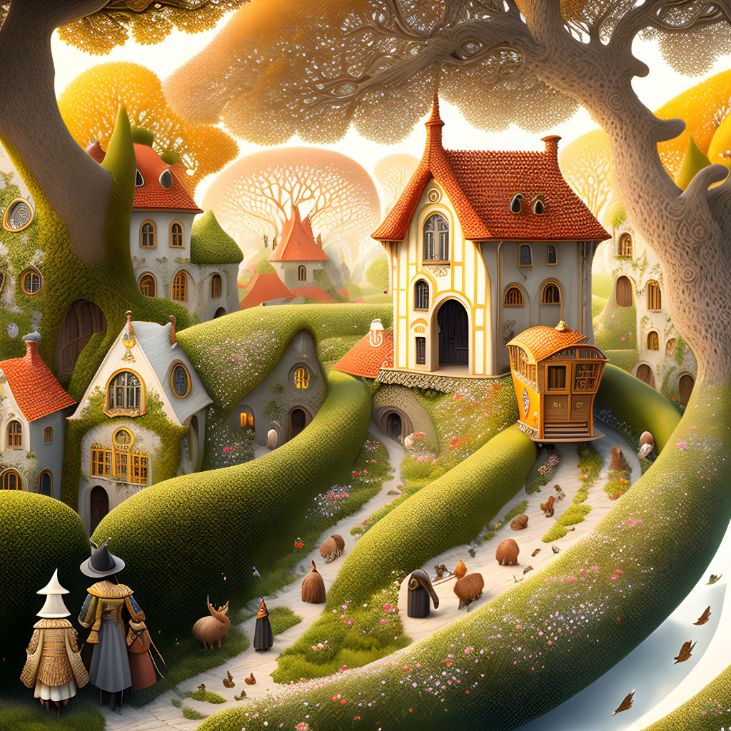 Fantasy village with rolling hills, oversized trees, and magical ambiance