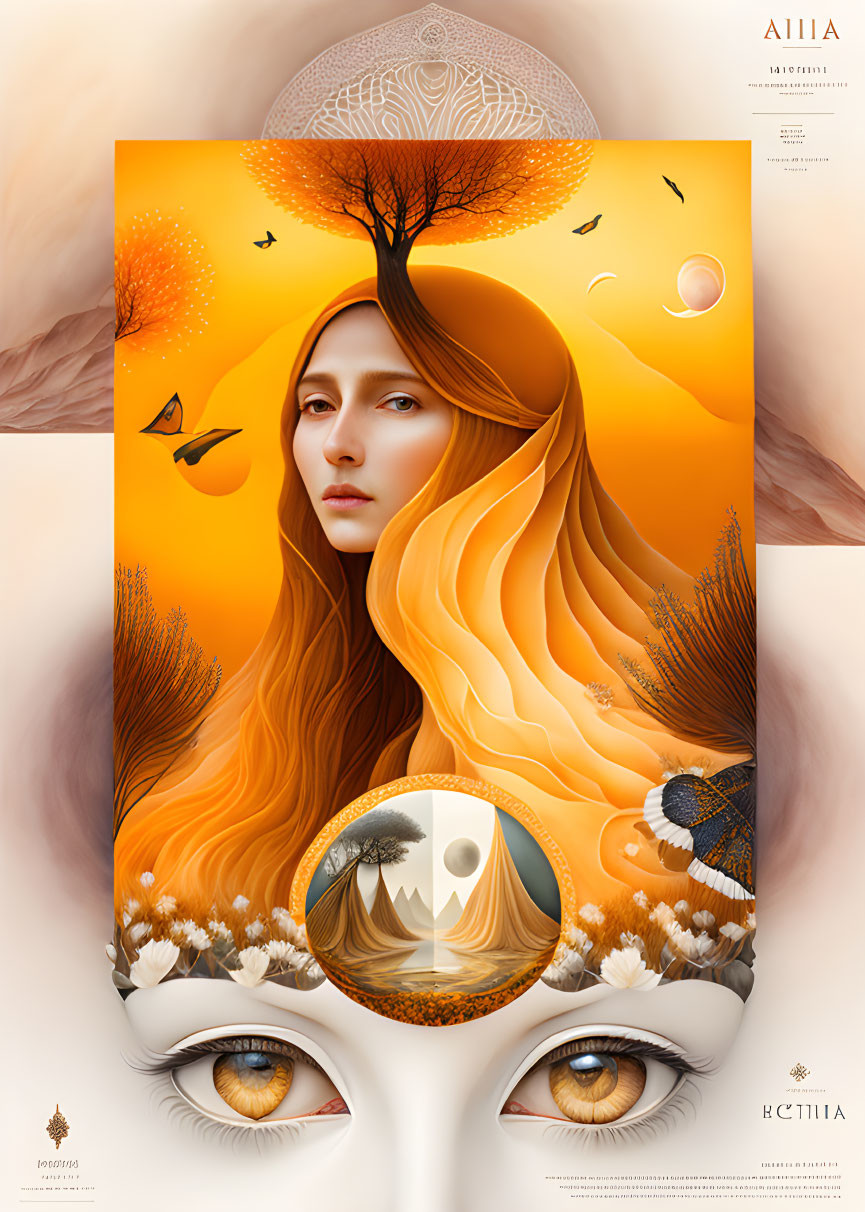 Portrait blending woman's face with nature motifs in autumnal colors, tree, leaves, and mountain-ref