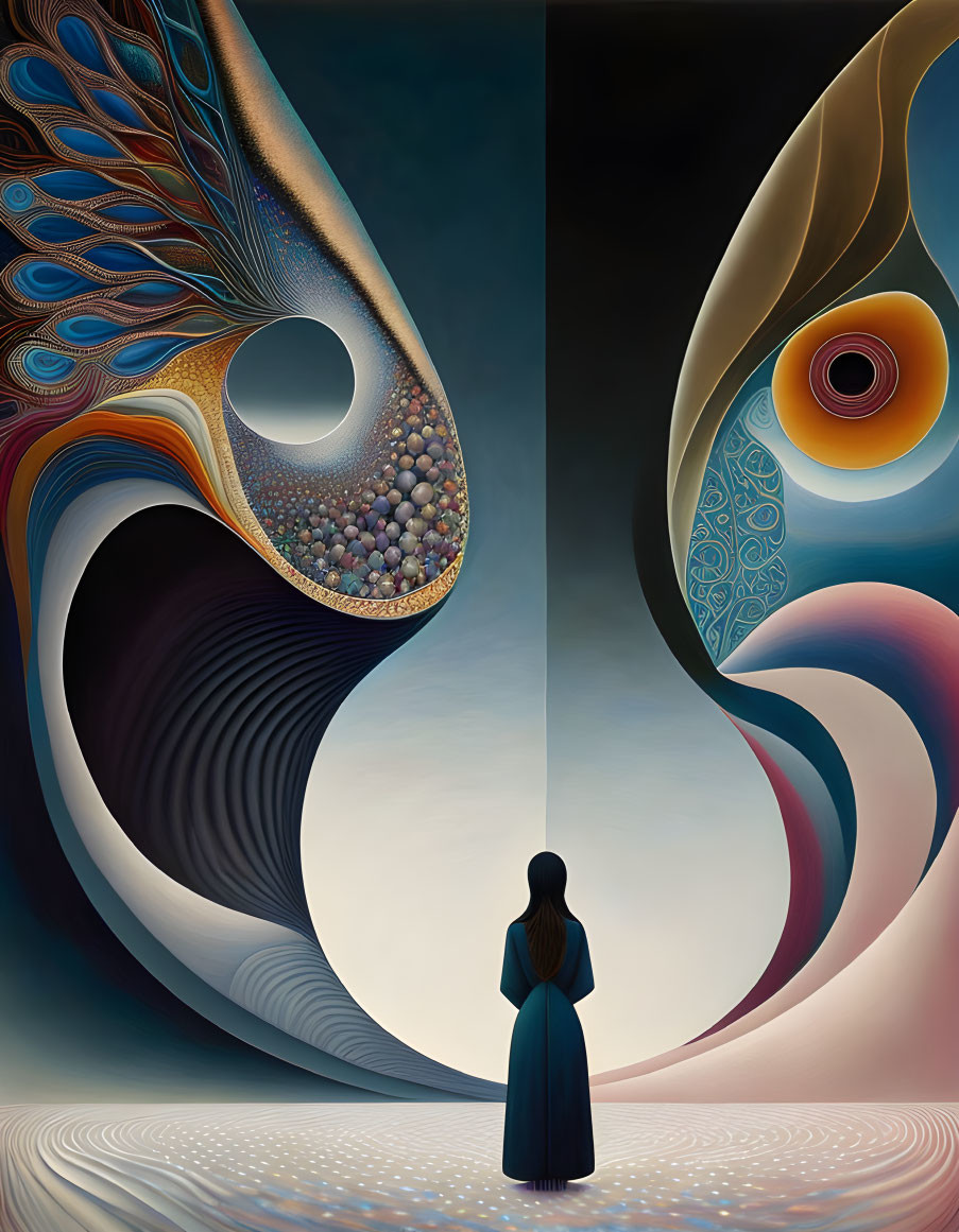 Person in Blue Dress Stands Before Surreal Eye-Like Mural