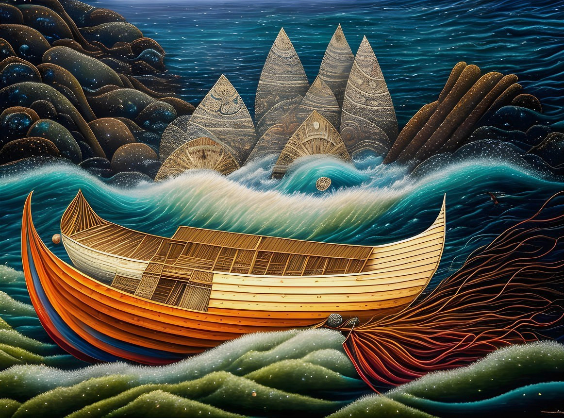 Surreal Viking ship illustration navigating wavy seas at night