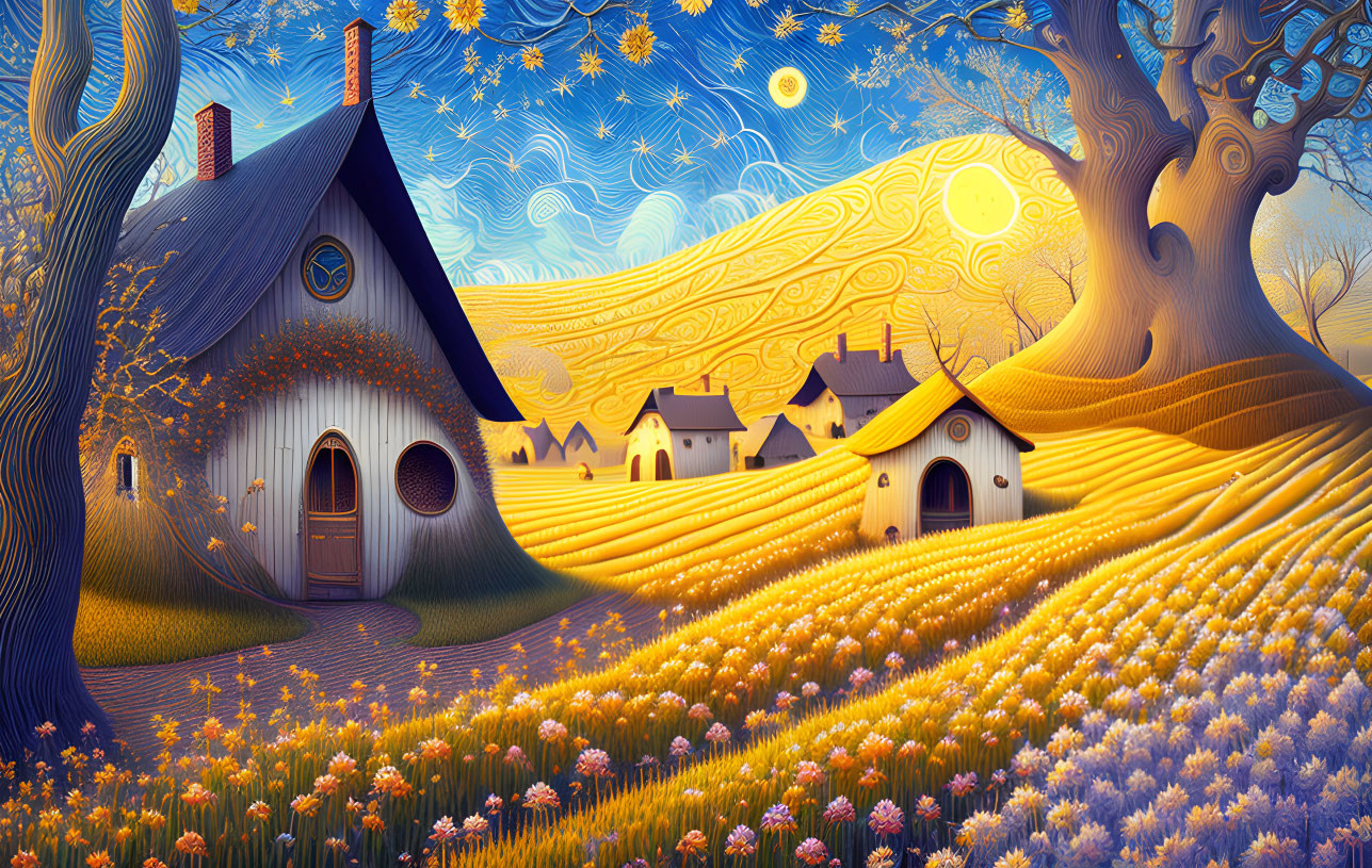 Whimsical fantasy landscape with houses, flowers, trees, and starry sky