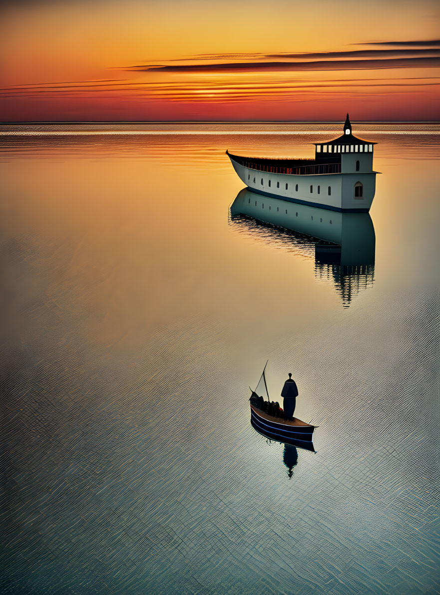 Person rowing boat near large ship at sunset