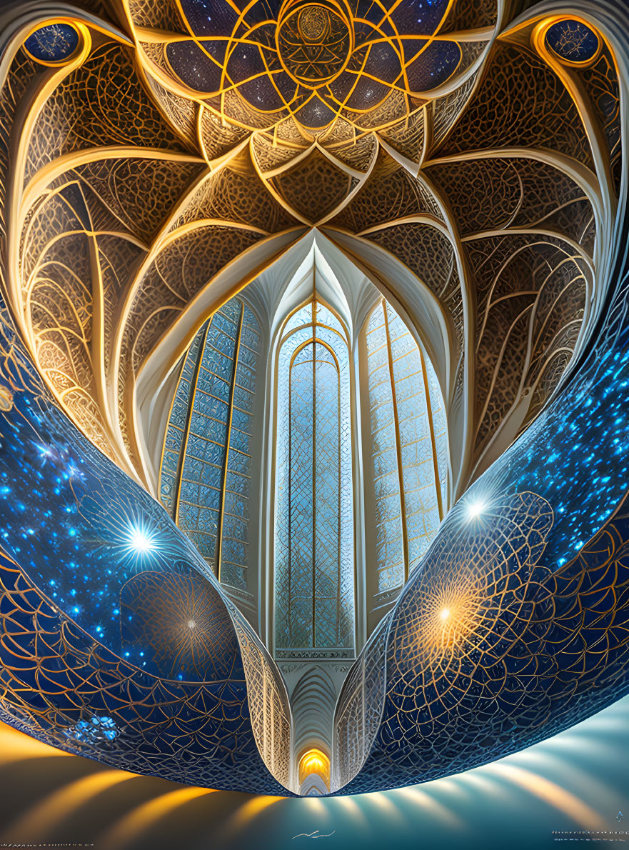 Surreal digital artwork of ornate cathedral with golden patterns