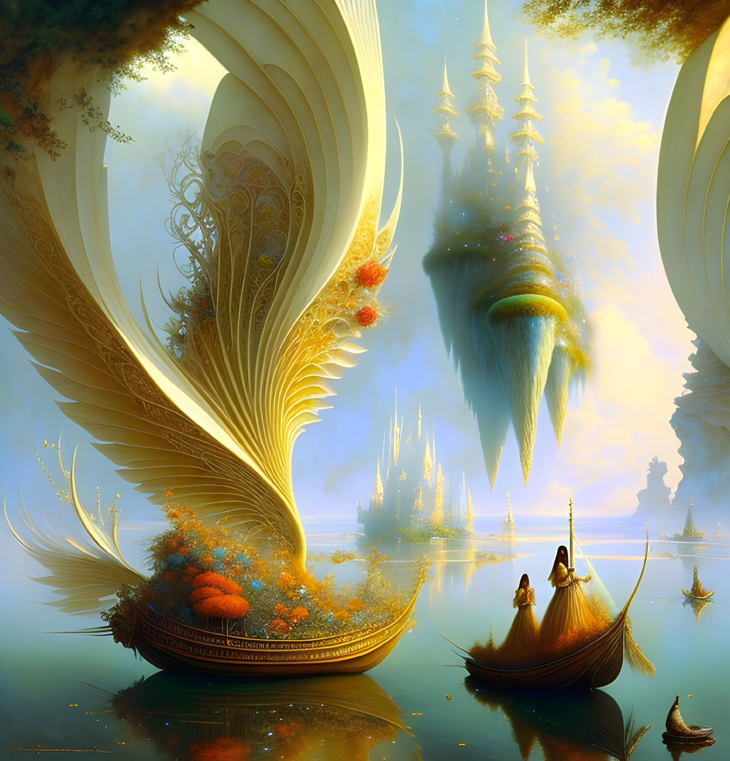 Fantastical landscape with floating islands and intricate structures