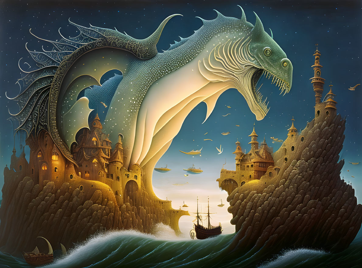 Intricate winged dragon flying over medieval castle and ships at sea