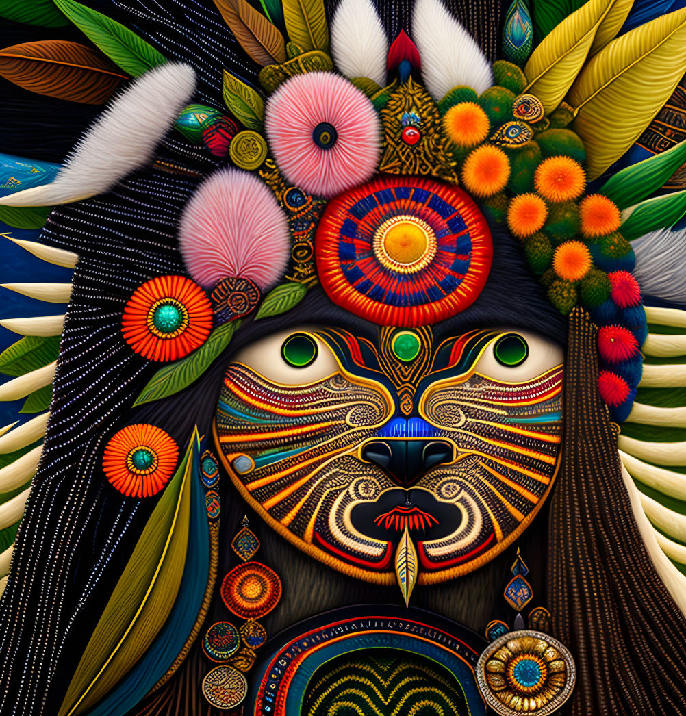 Intricate digital artwork of mystical face with elaborate feathered headdress