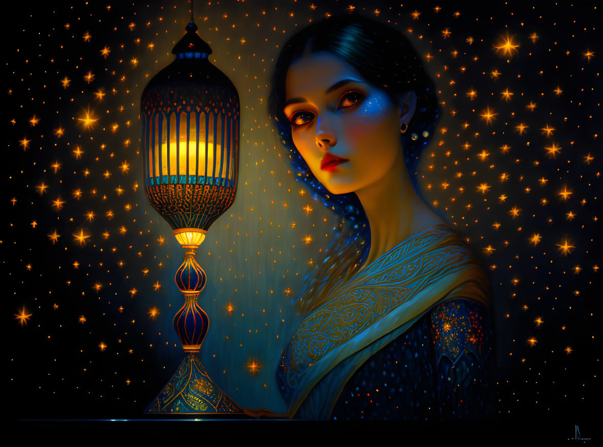 Dark-haired woman with luminous skin by glowing lantern in starry setting