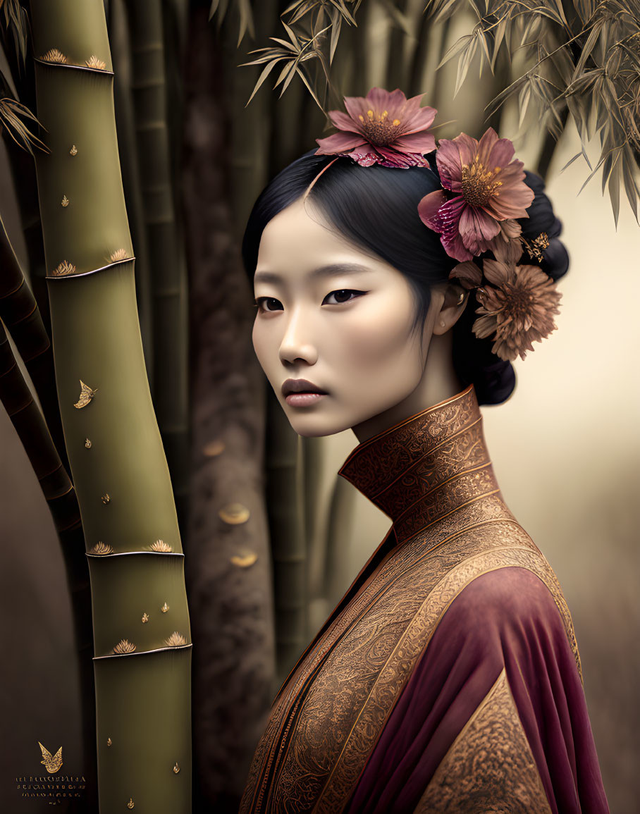 Woman in traditional attire with flowers in hair near bamboo and butterflies