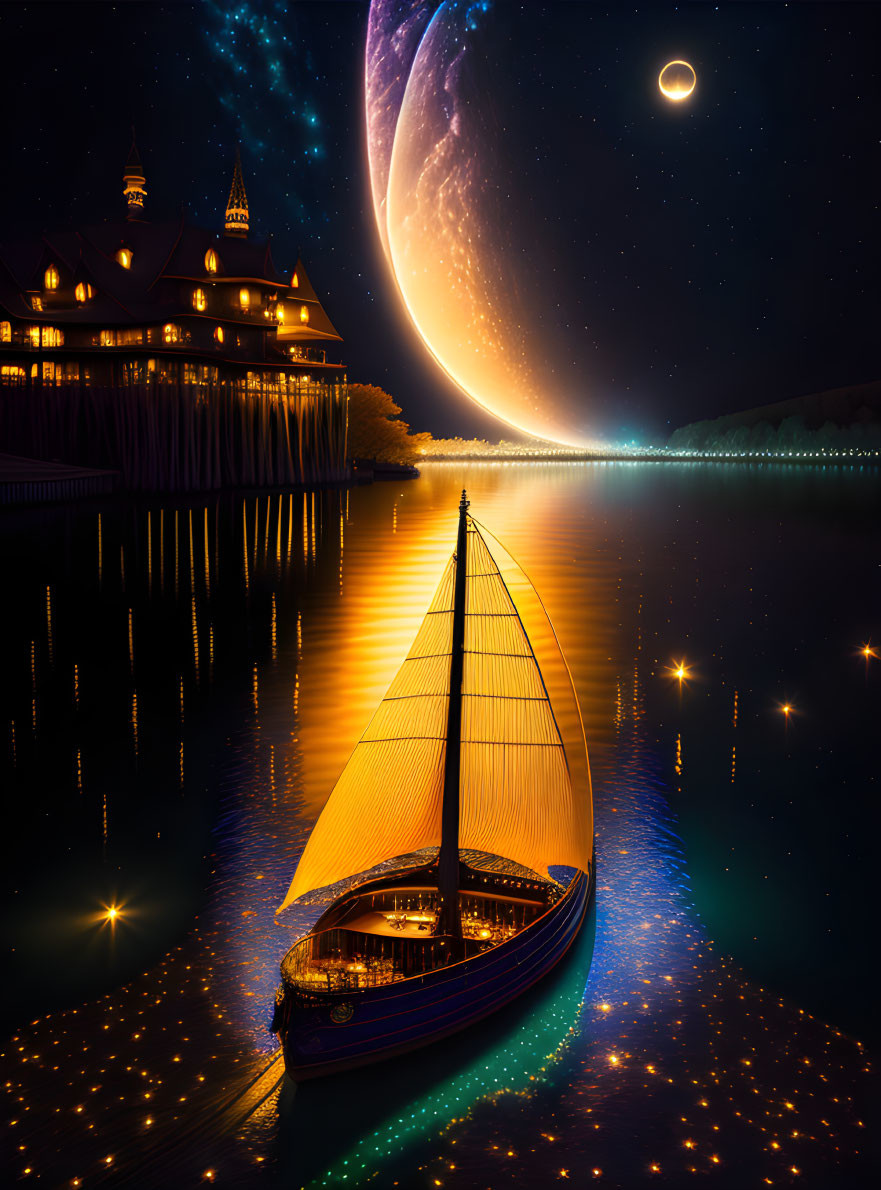 Sailboat on serene lake at night with planet, moon, and castle