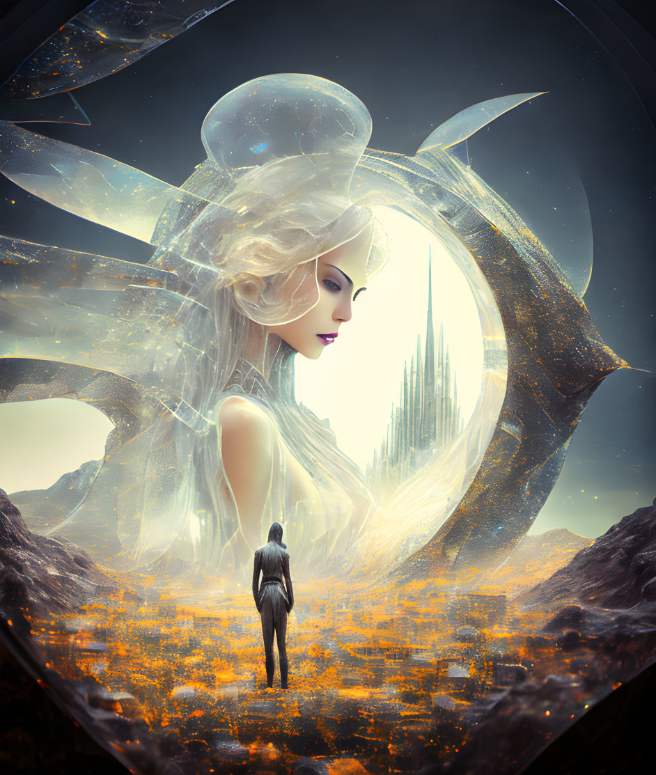 Massive ethereal female figure and futuristic city in circular portal landscape