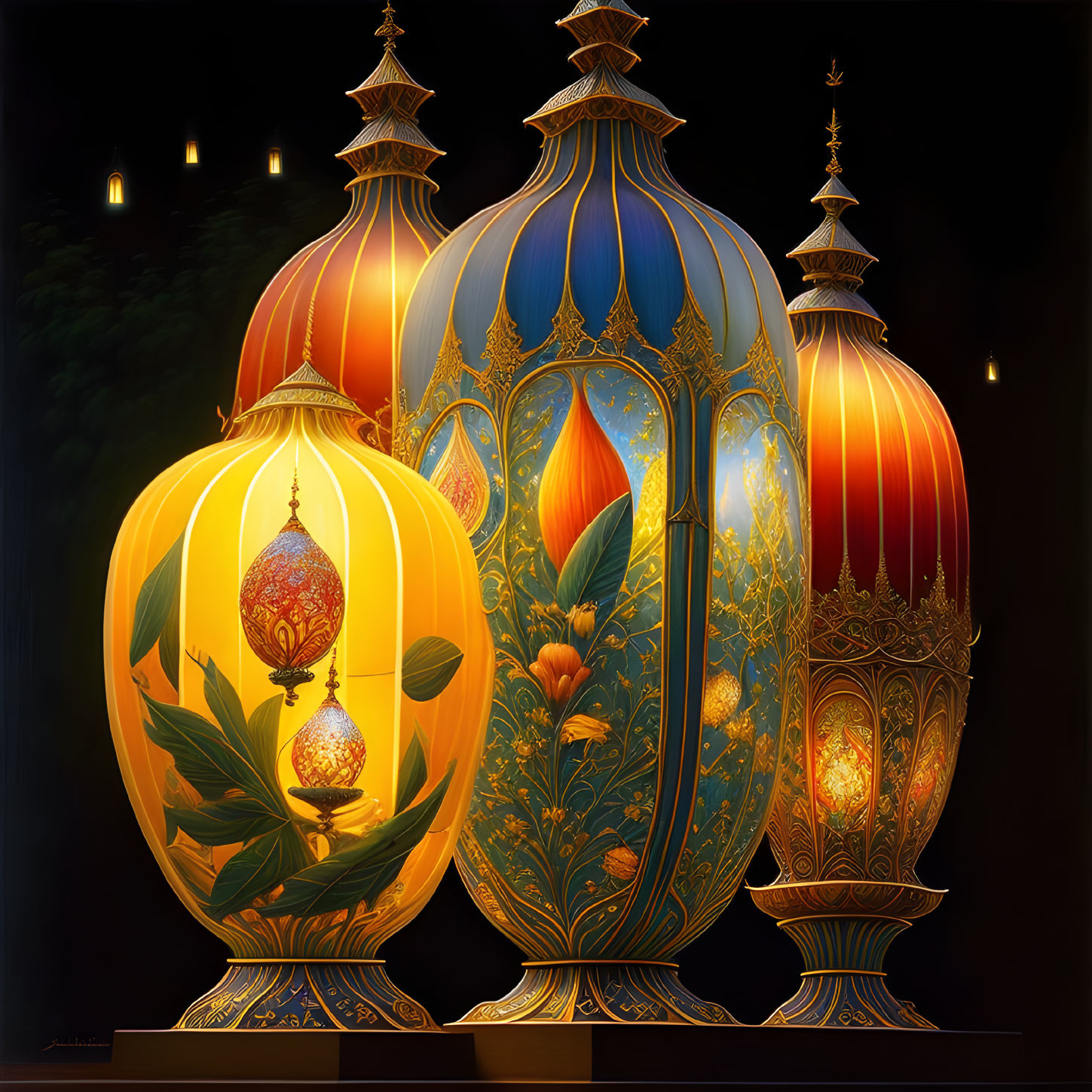 Intricately designed Eastern-style lamps in blue, gold, and orange hues