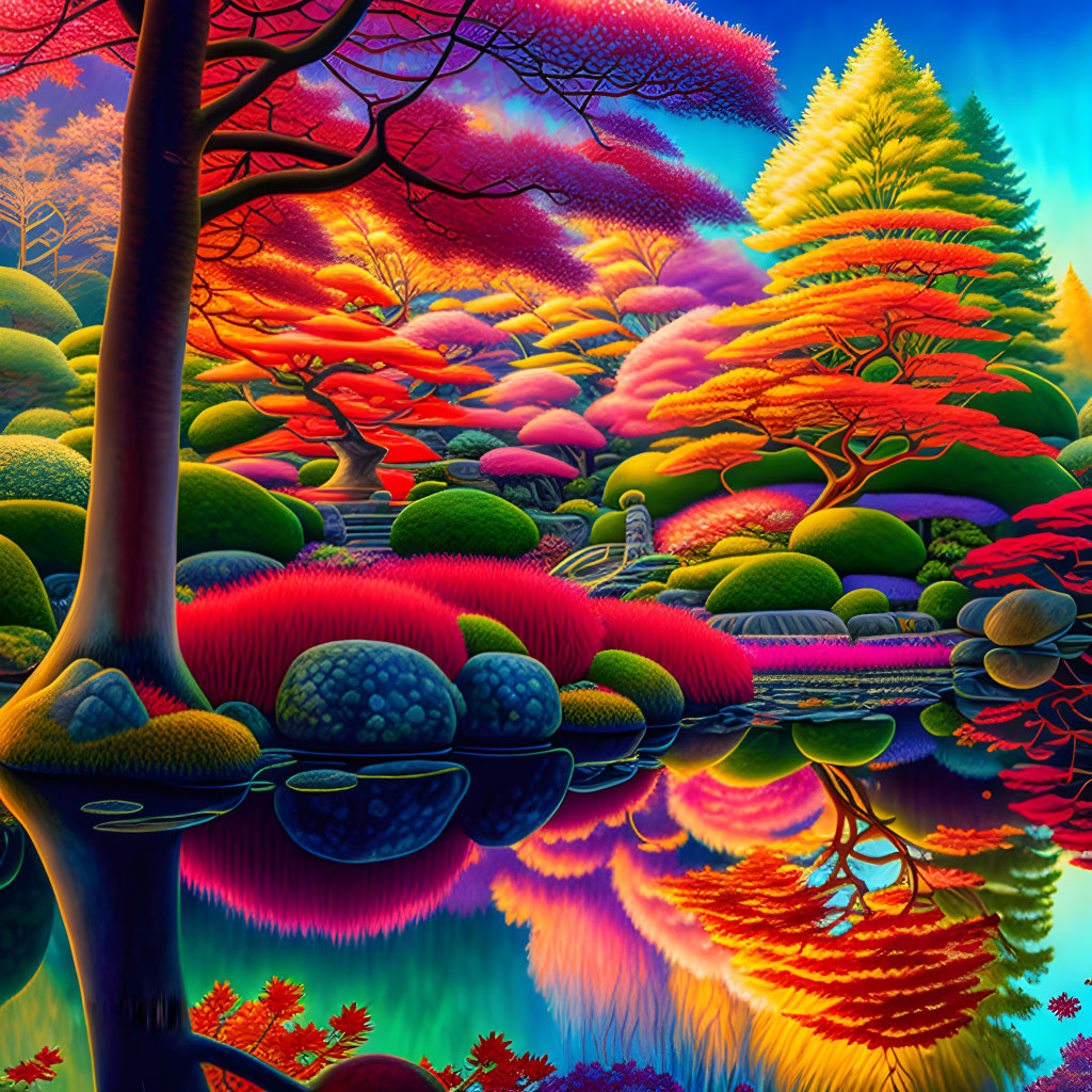 Whimsical forest illustration with colorful trees and calm lake