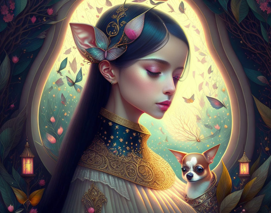 Fantastical digital artwork: Woman with elfin features, surrounded by illuminated flora and tiny Chihu