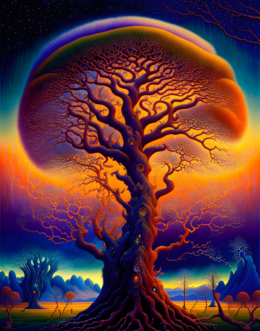 Colorful Psychedelic Tree Artwork Against Twilight Sky