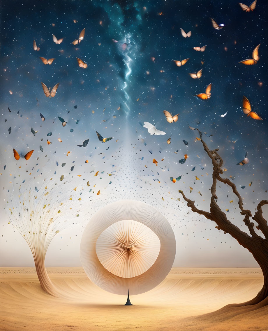 Surreal landscape with ascending butterflies and cosmic rift above concentric structure