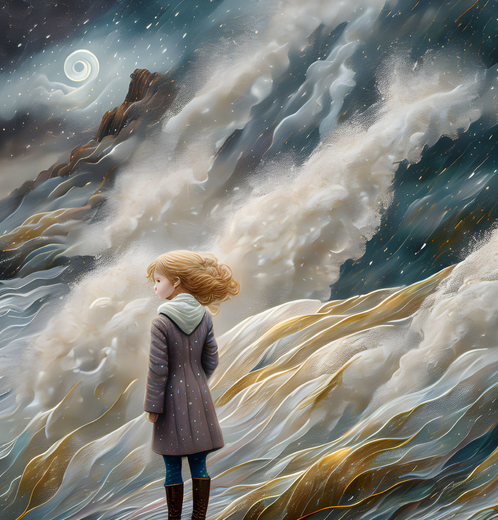 Girl standing before surreal sea with golden waves and swirling sky.