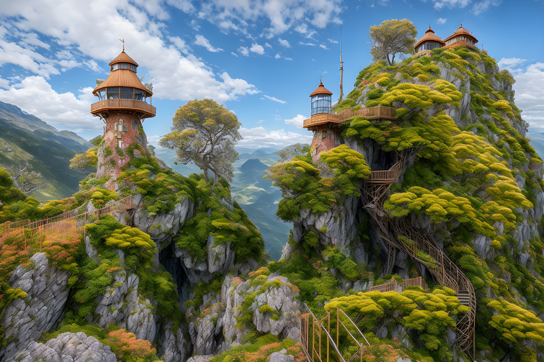 Fantasy treehouses on lush green mountain peaks with wooden bridges under a blue sky