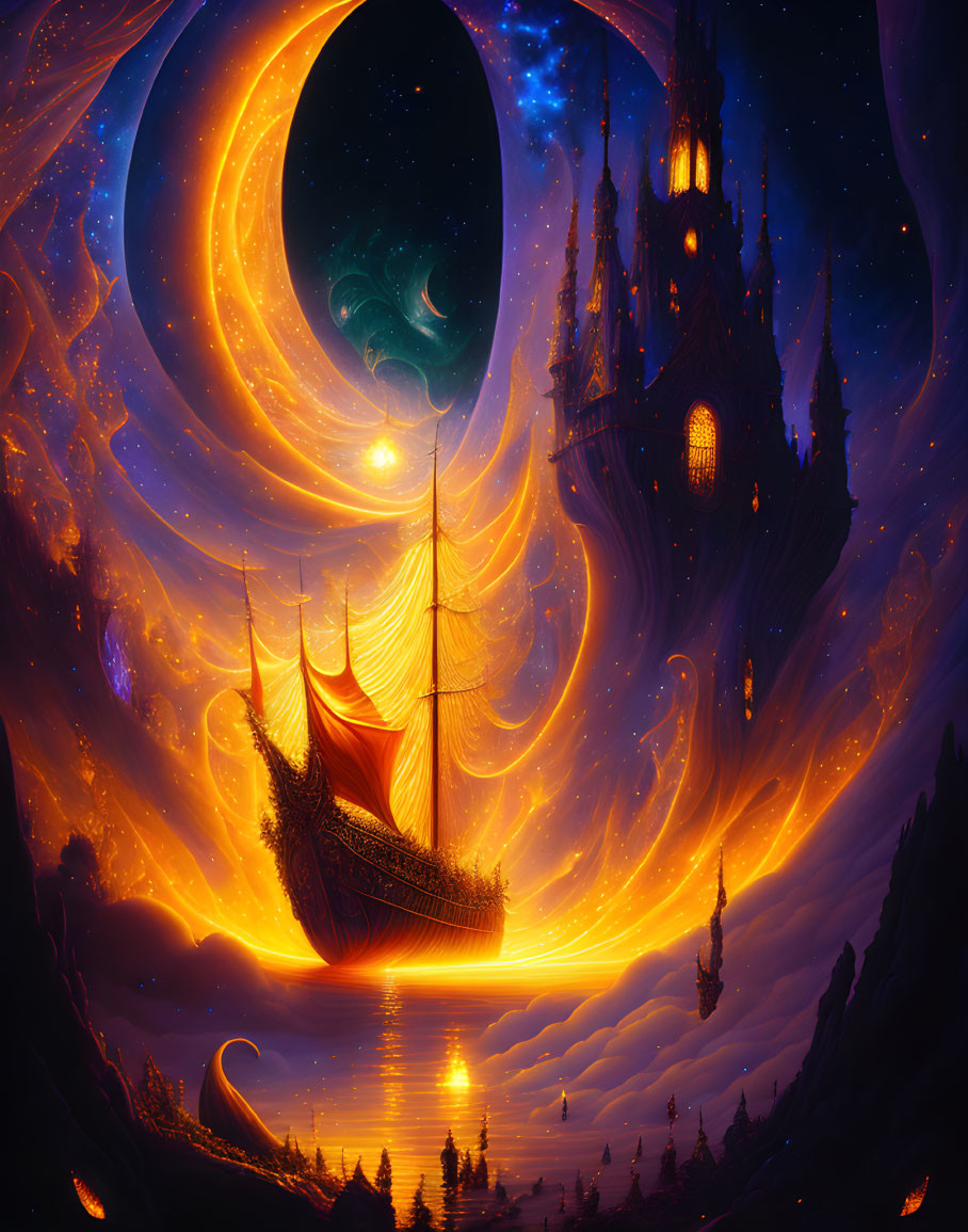 Fantastical image of ship on cosmic sea with swirling galaxy and surreal castle.